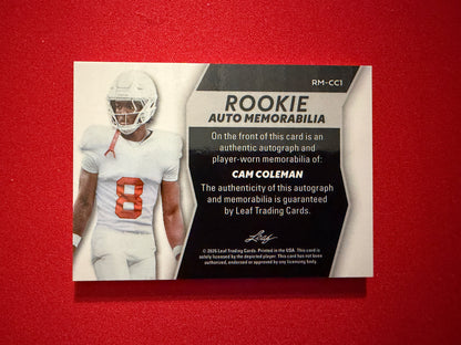 Cam Coleman 2026 Leaf Trinity Rookie Auto Memorabilia Multicolor Patch /10