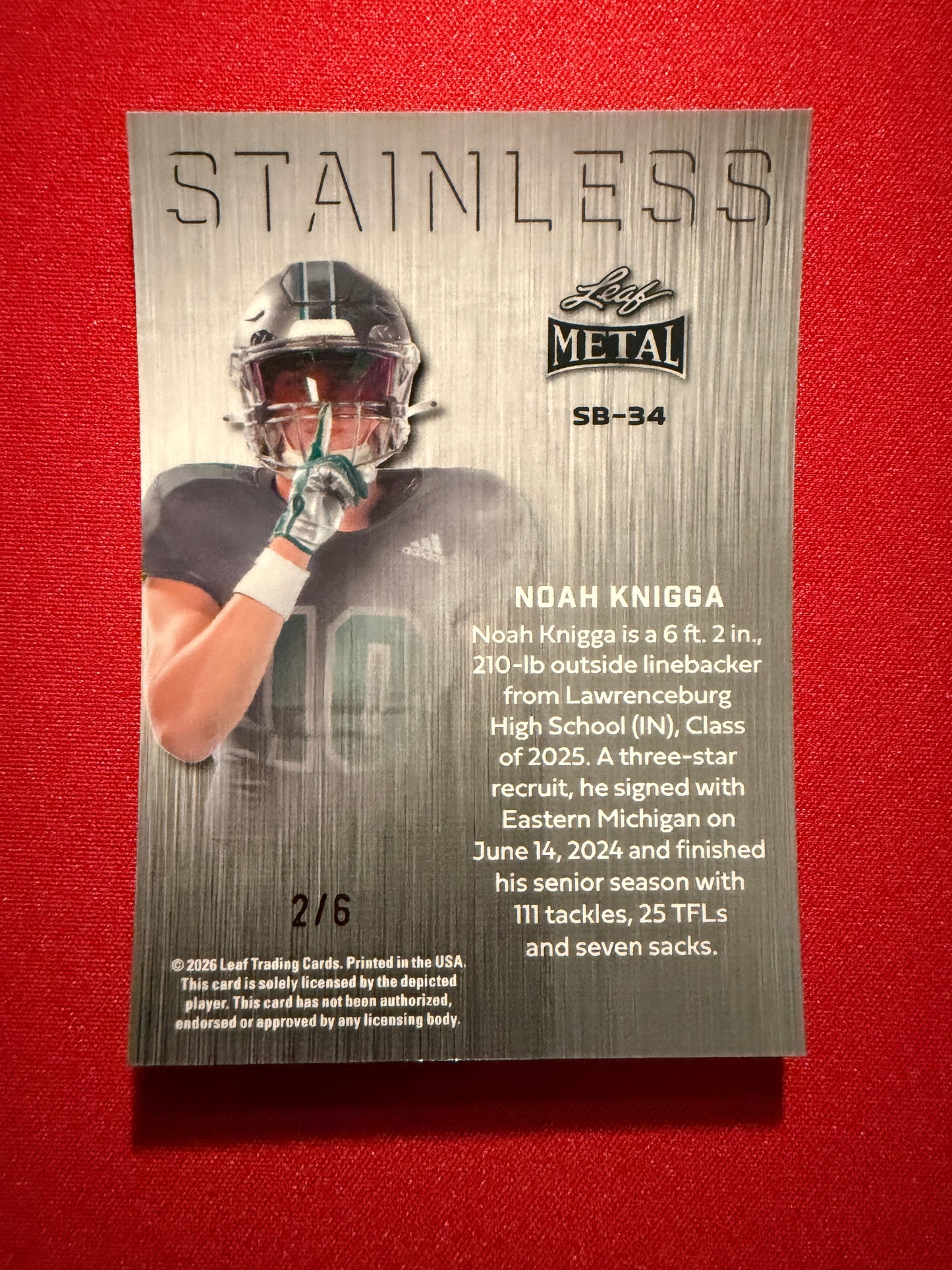 Noah Knigga 2026 Leaf Metal Football Base Pink Crystal 2/6