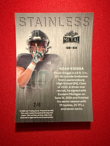Noah Knigga 2026 Leaf Metal Football Base Pink Crystal 2/6