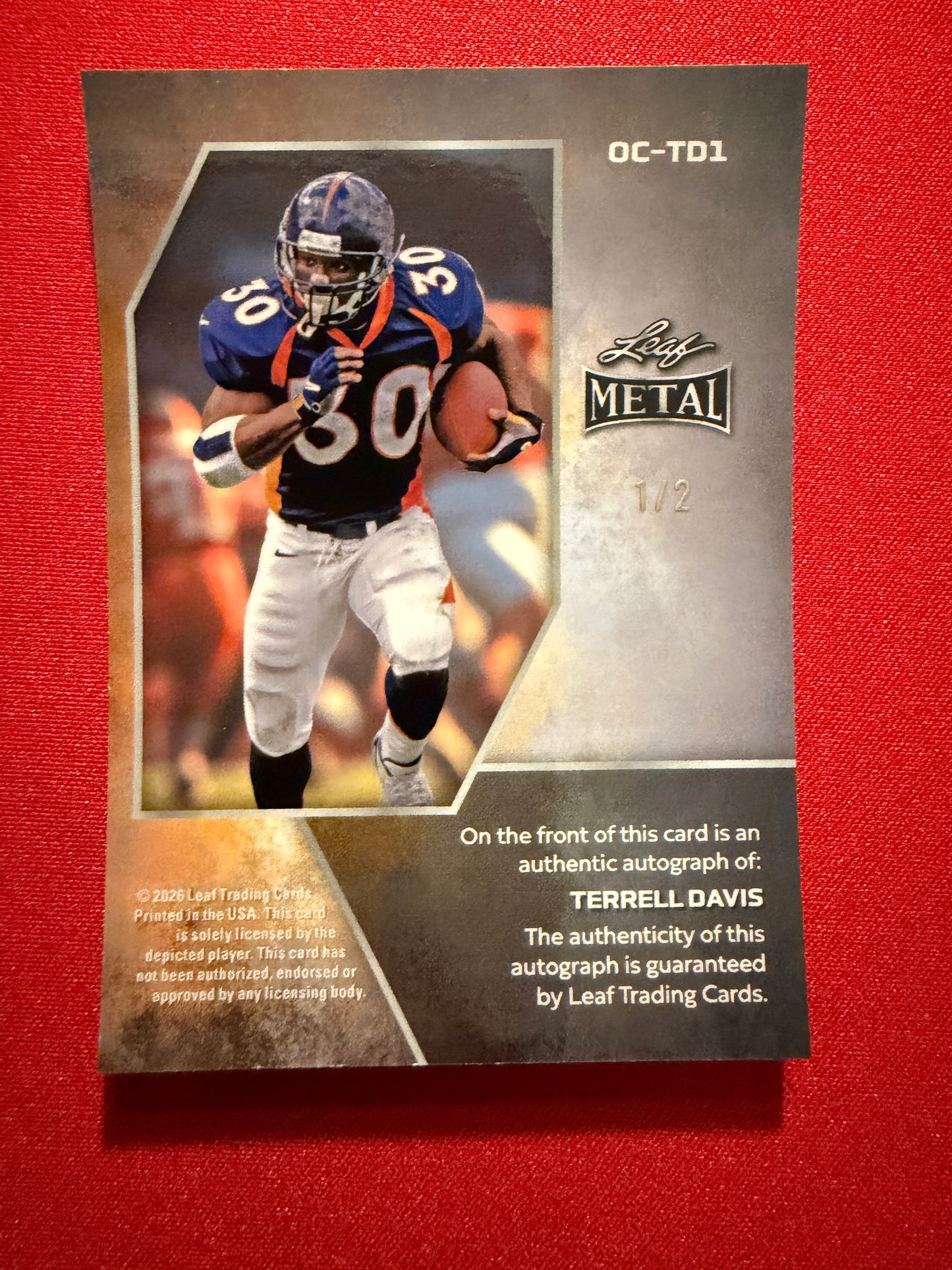 2026 Leaf Metal Football Terrell Davis Purple Prismatic On-Card Auto /2