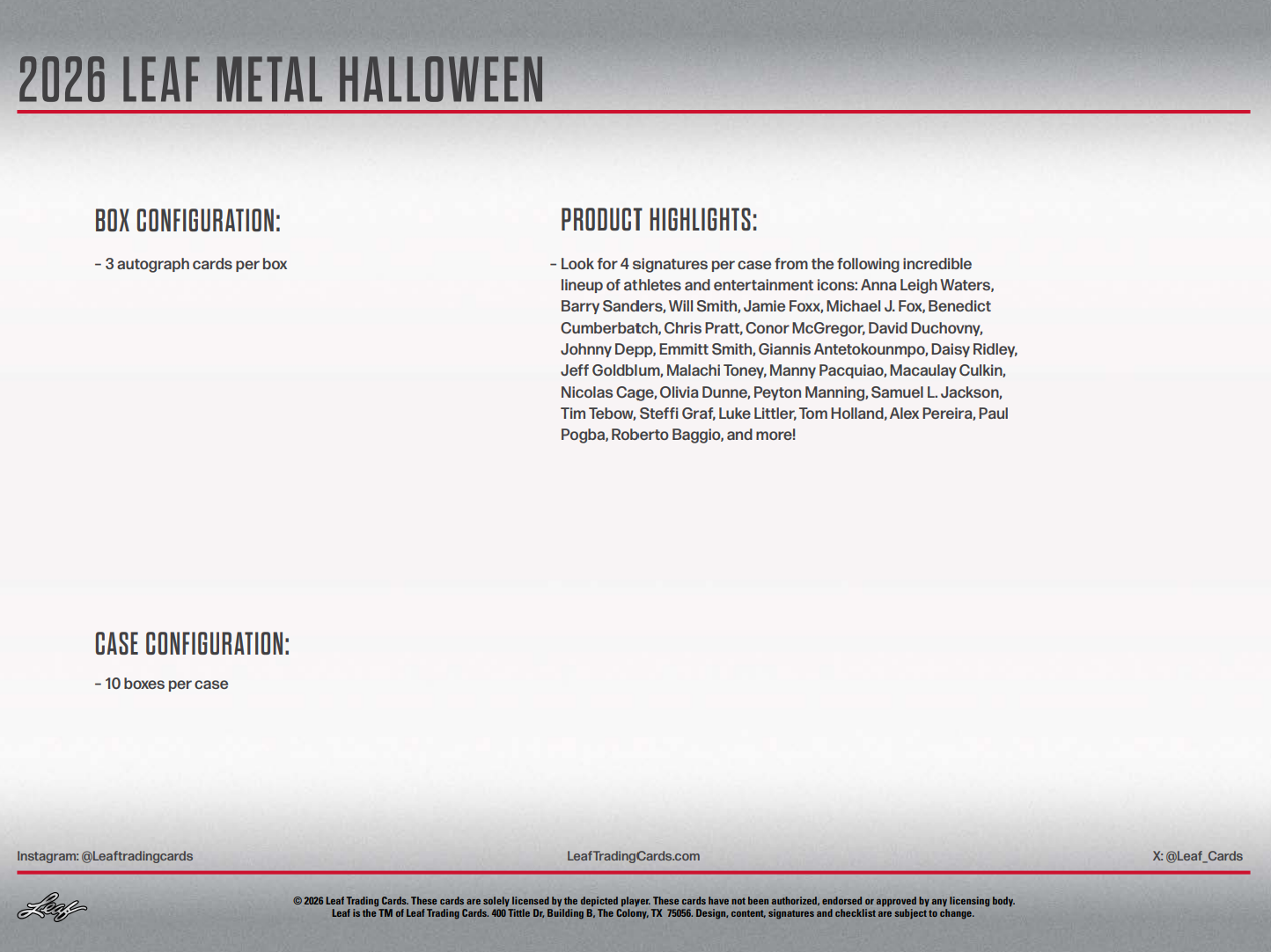 2026 Leaf Metal Halloween Hobby 10-Box Case
