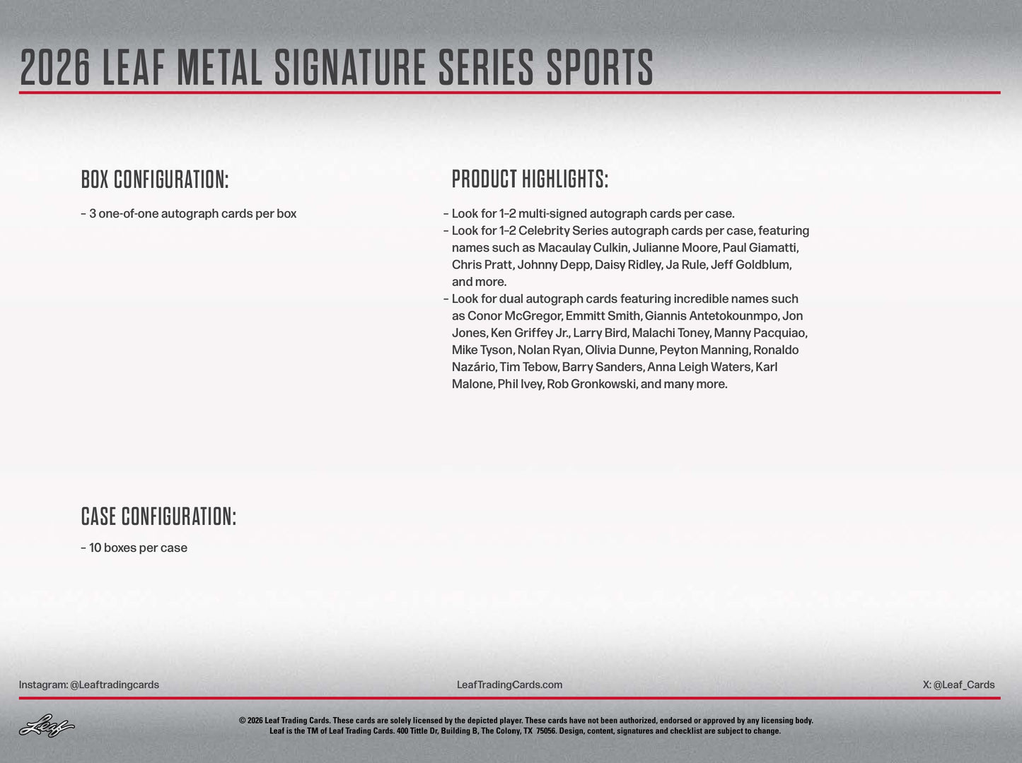 2026 Leaf Metal Signature Series Sports Hobby 10-Box Case