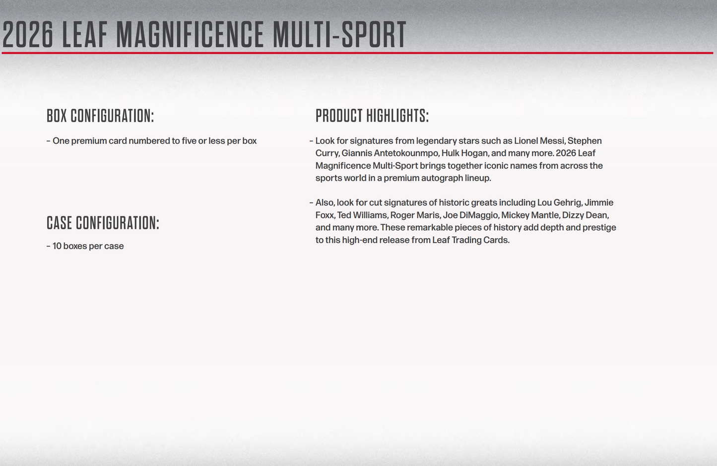 2026 Leaf Magnificence Multi-Sport 10-Box Case Presale (4/17/2026)