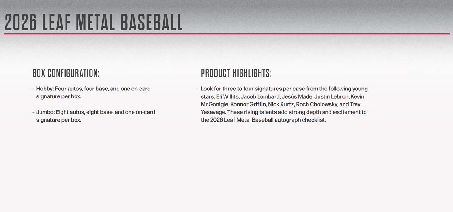 2026 Leaf Metal Baseball Hobby 10-Box Case Presale (Ships 4/24/2026)