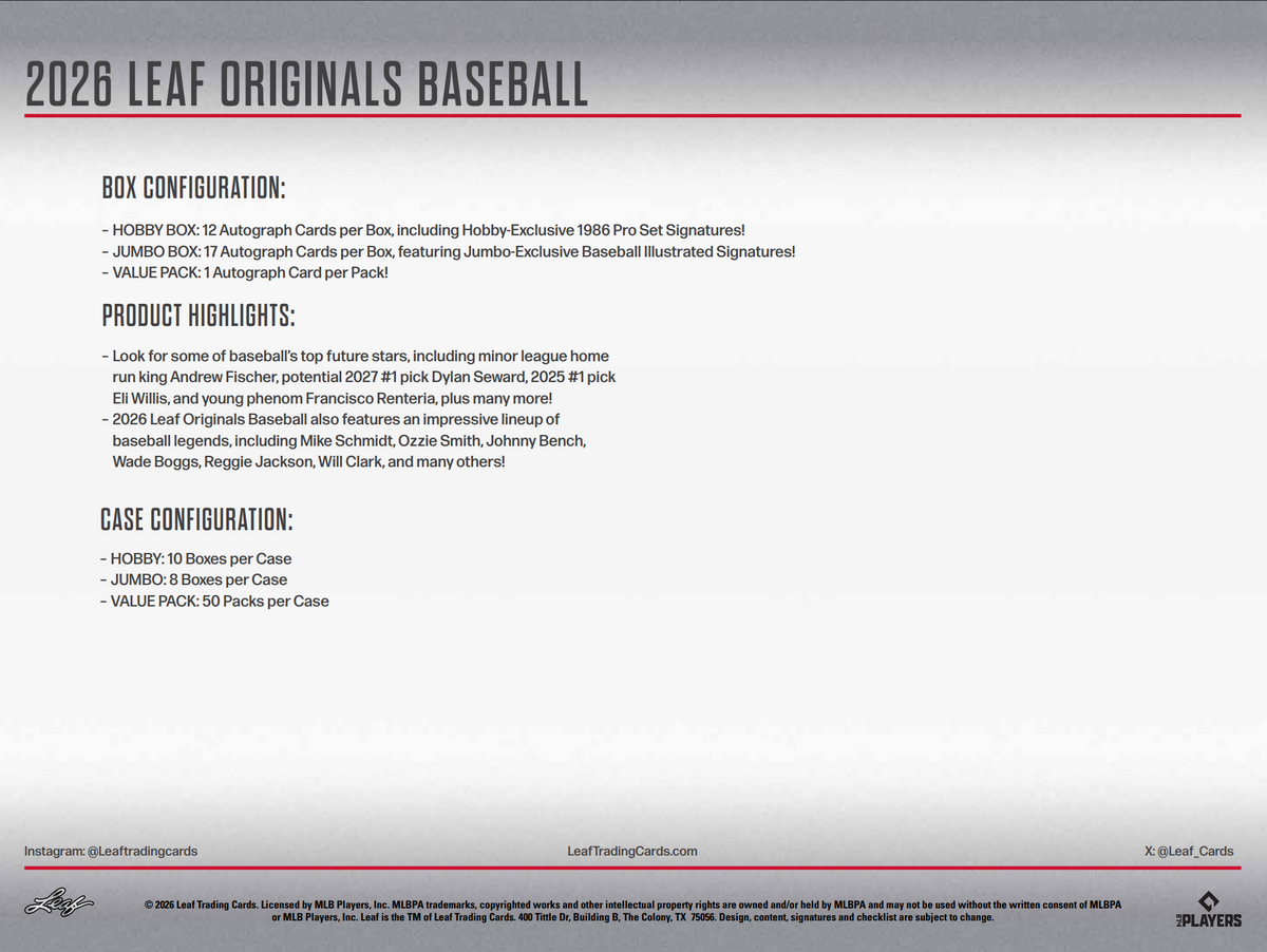 2026 Leaf Originals Baseball Value 50-Pack Case