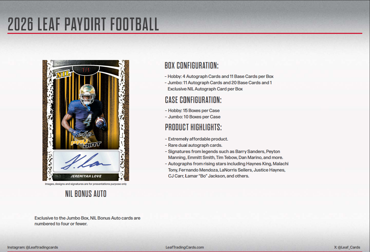 2026 Leaf Paydirt Football Jumbo Hobby Box
