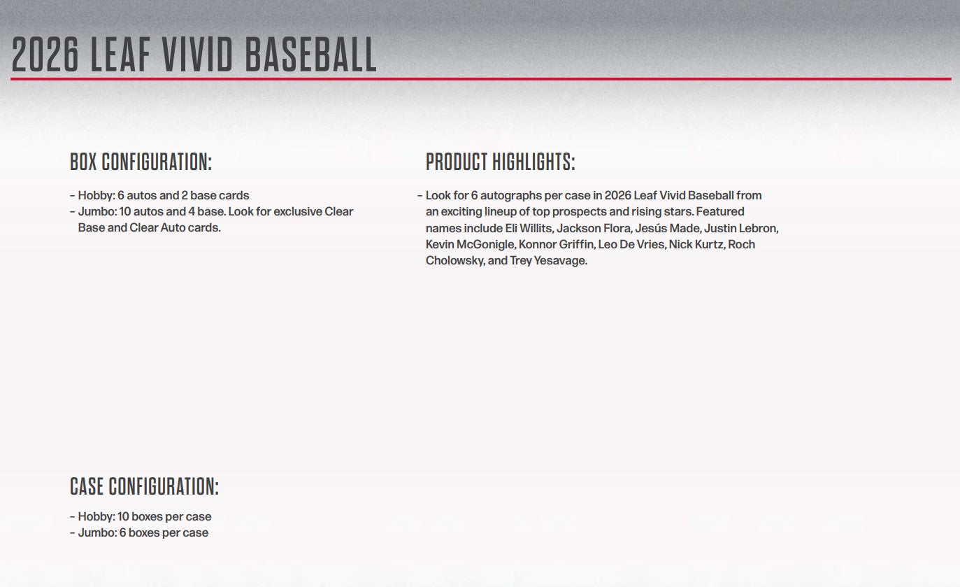 2026 Leaf Vivid Baseball Jumbo Hobby Box + Value Pack